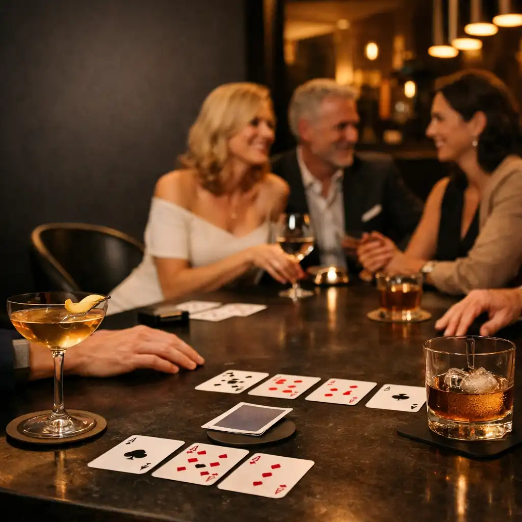 Physical card lounge with cards, cocktails and guests in relaxed conversation
