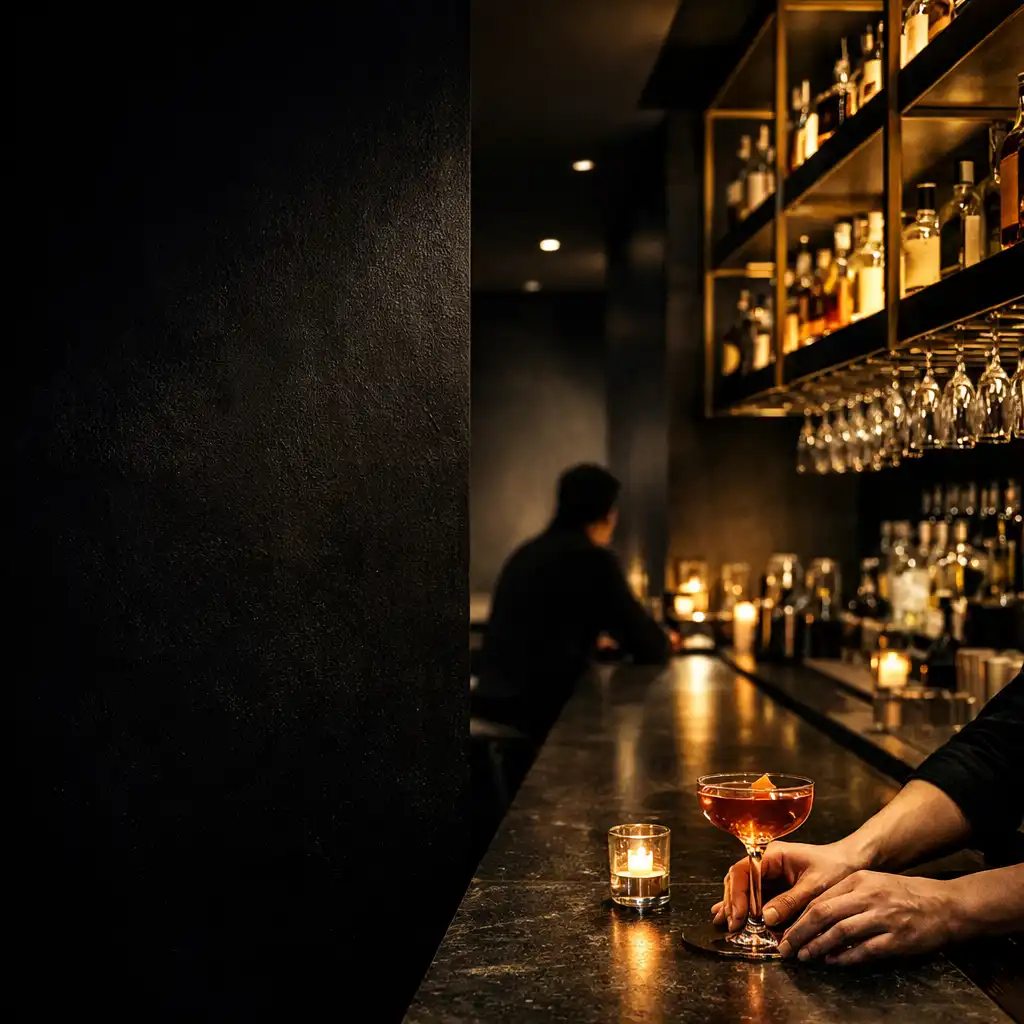 Bartender placing a cocktail at a dark architectural bar