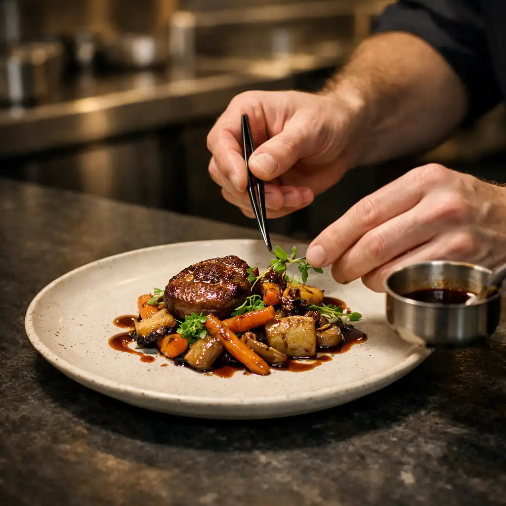 Chef finishing a refined plated main at the pass