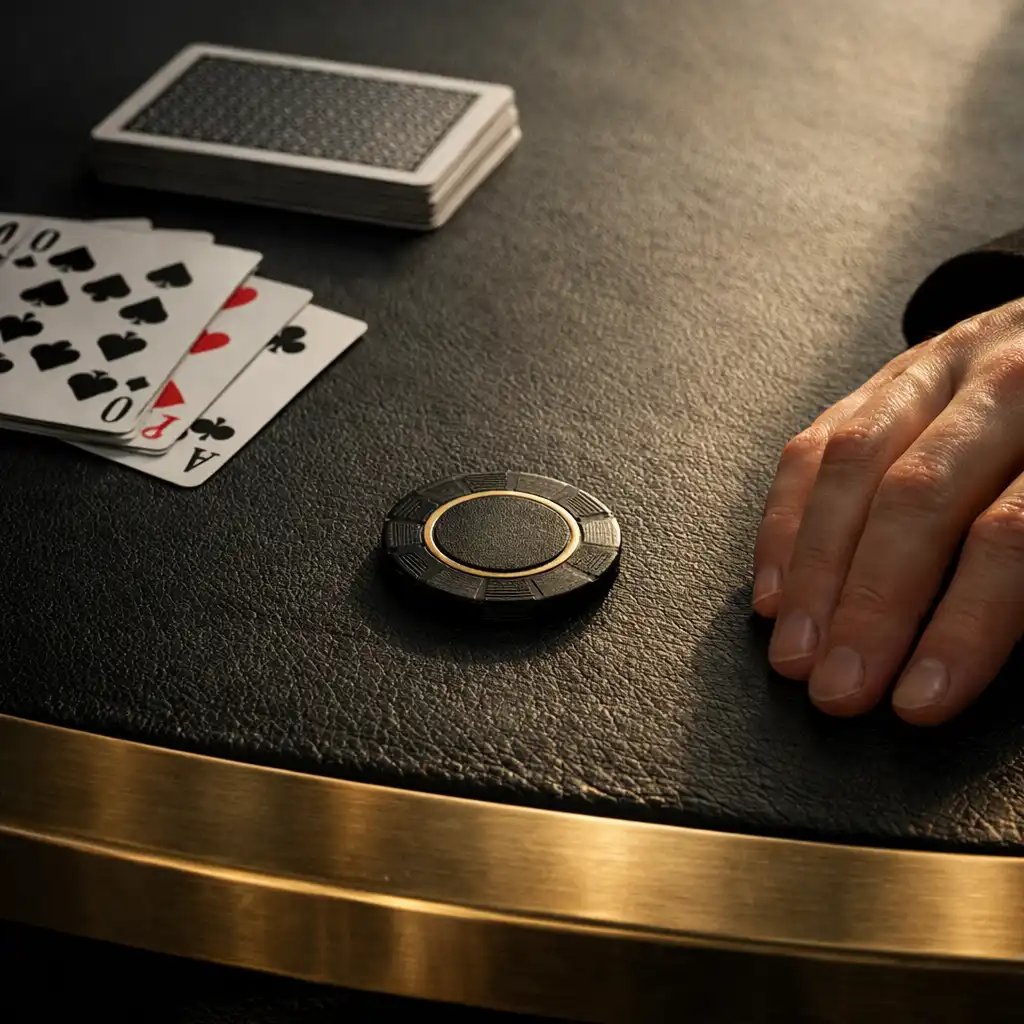 Cards and a resting hand on a charcoal leather table