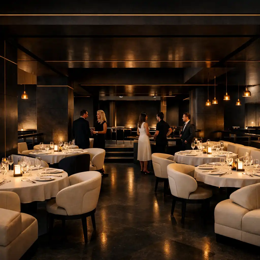 Wide view of the black-and-gold dining room