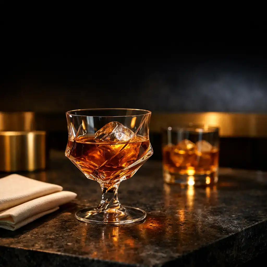 Cocktails on a dark stone bar with warm brass detail