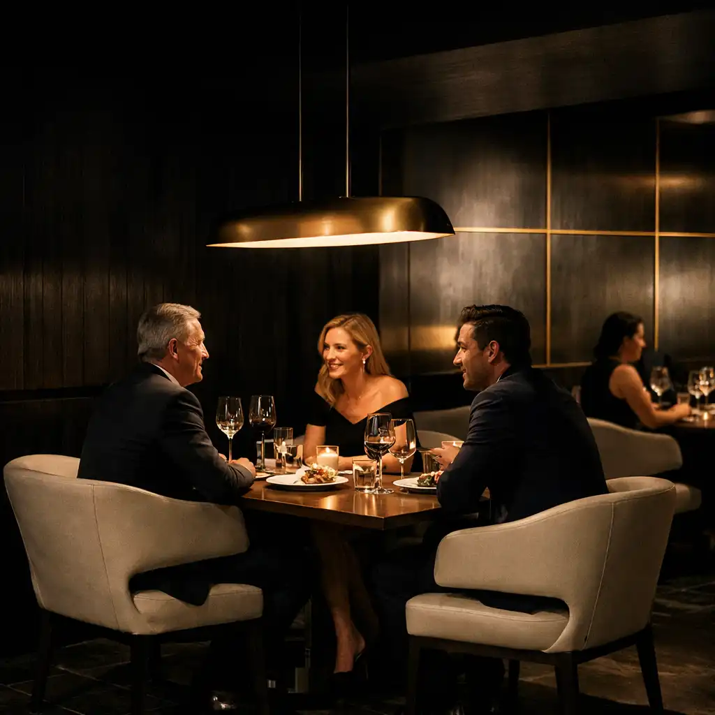 Warmly lit contemporary dining room at Gilded Card House