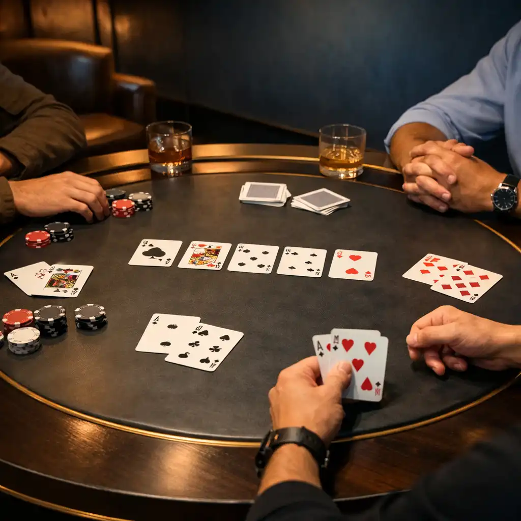 Physical cards and resting hands around a dark poker table