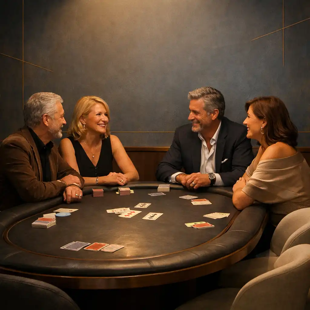 Guests in conversation around a warmly illuminated physical card table
