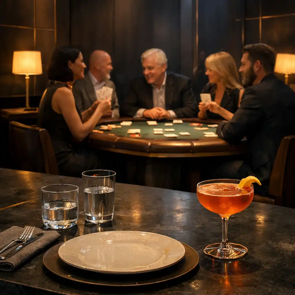 Elegant dinner table leading toward a softly illuminated social card table