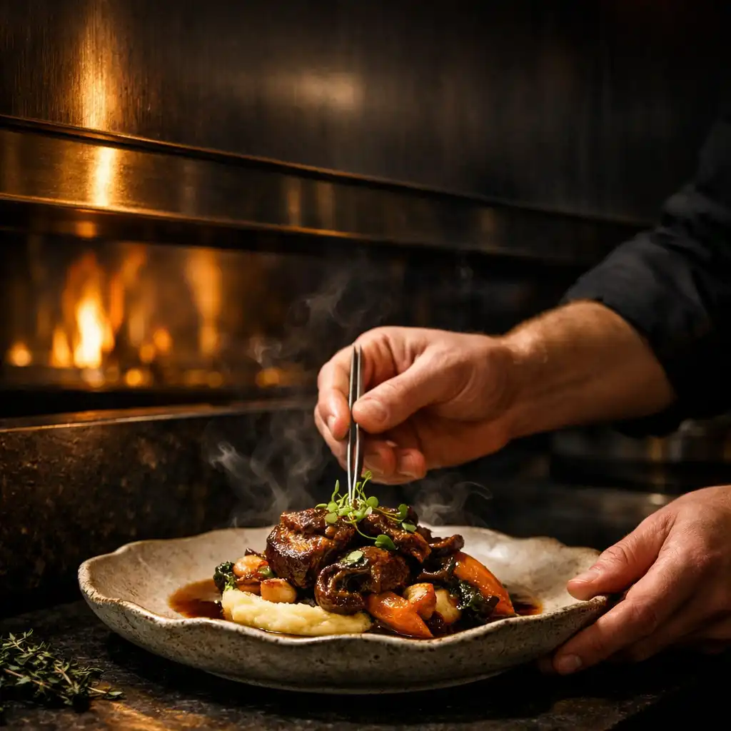 Chef hands finishing a plated dish beside a dark steel kitchen pass