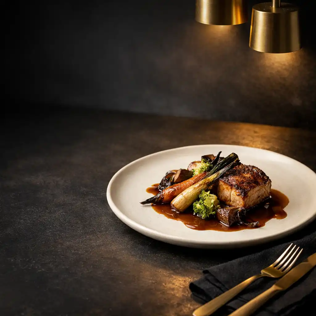 Refined plated main on a dark stone table with warm ceramic and brass cutlery