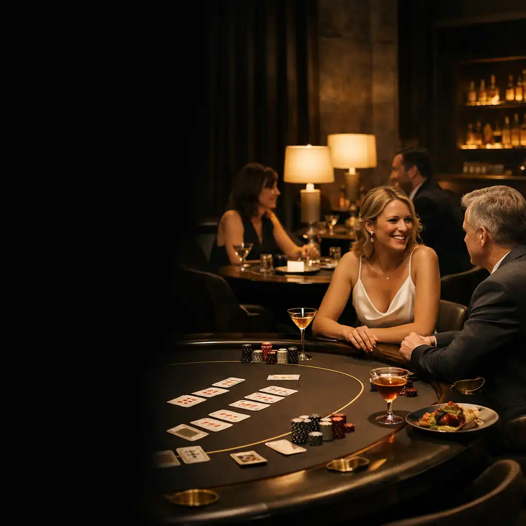 Guests gathered near a warmly lit poker table within the Gilded Card House dining room.