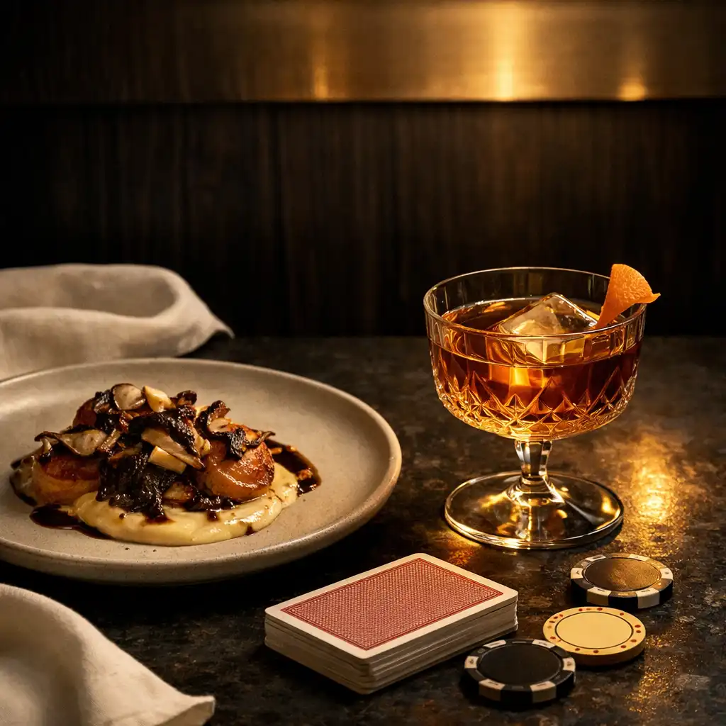 A plated dish and cocktail beside physical cards on a dark stone table.