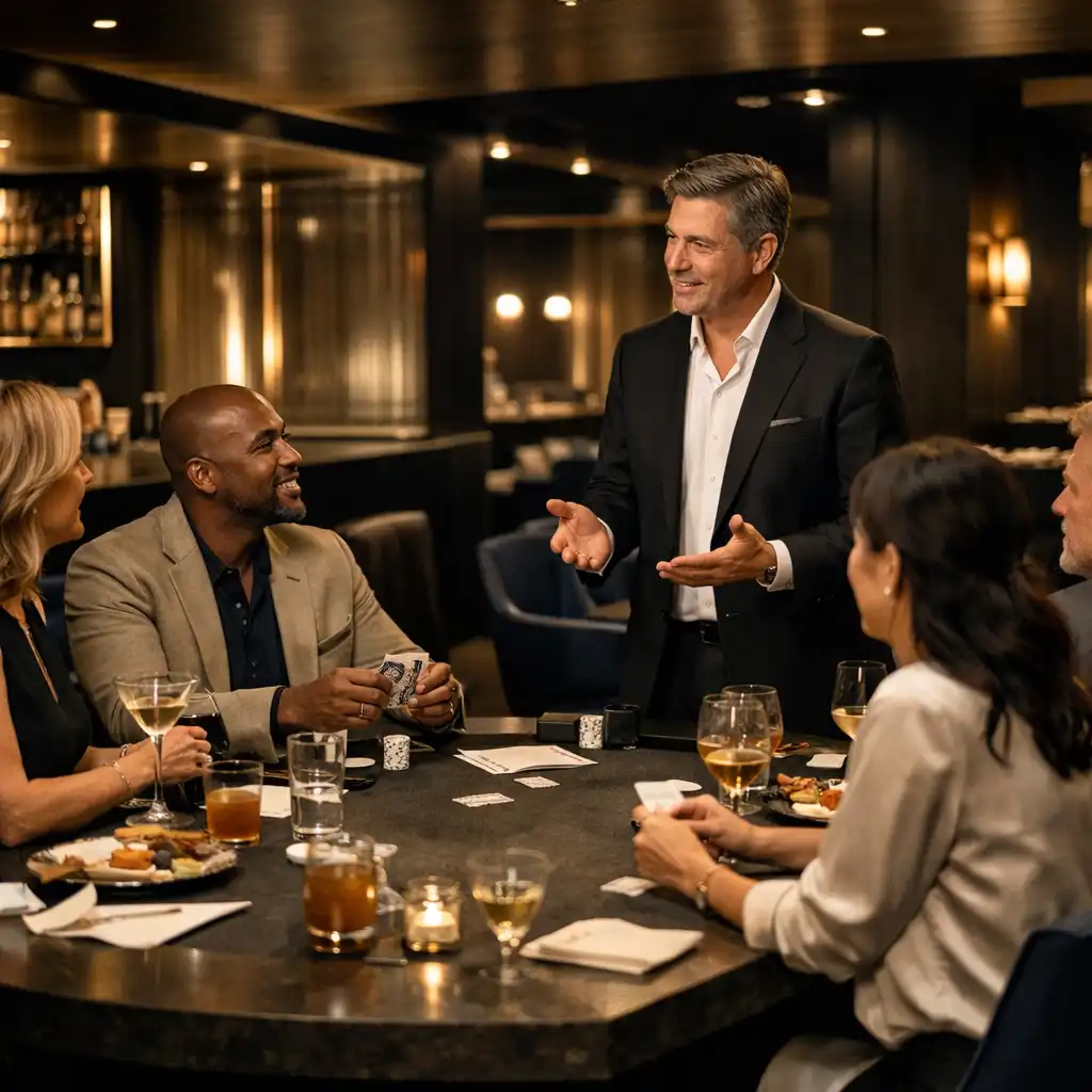A host and guests in relaxed conversation around a physical poker table at Gilded Card House.