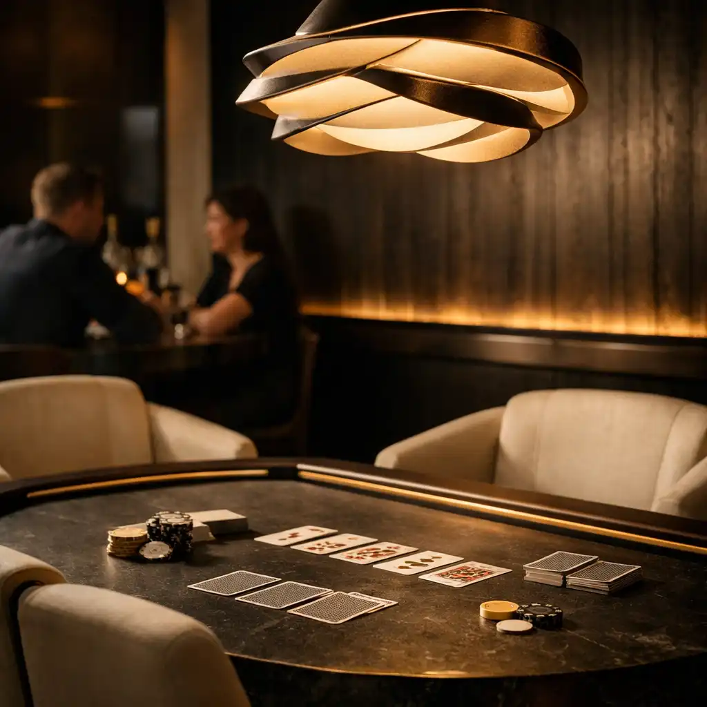 A dark stone poker table beneath pendant lighting in the refined Gilded Card House lounge.