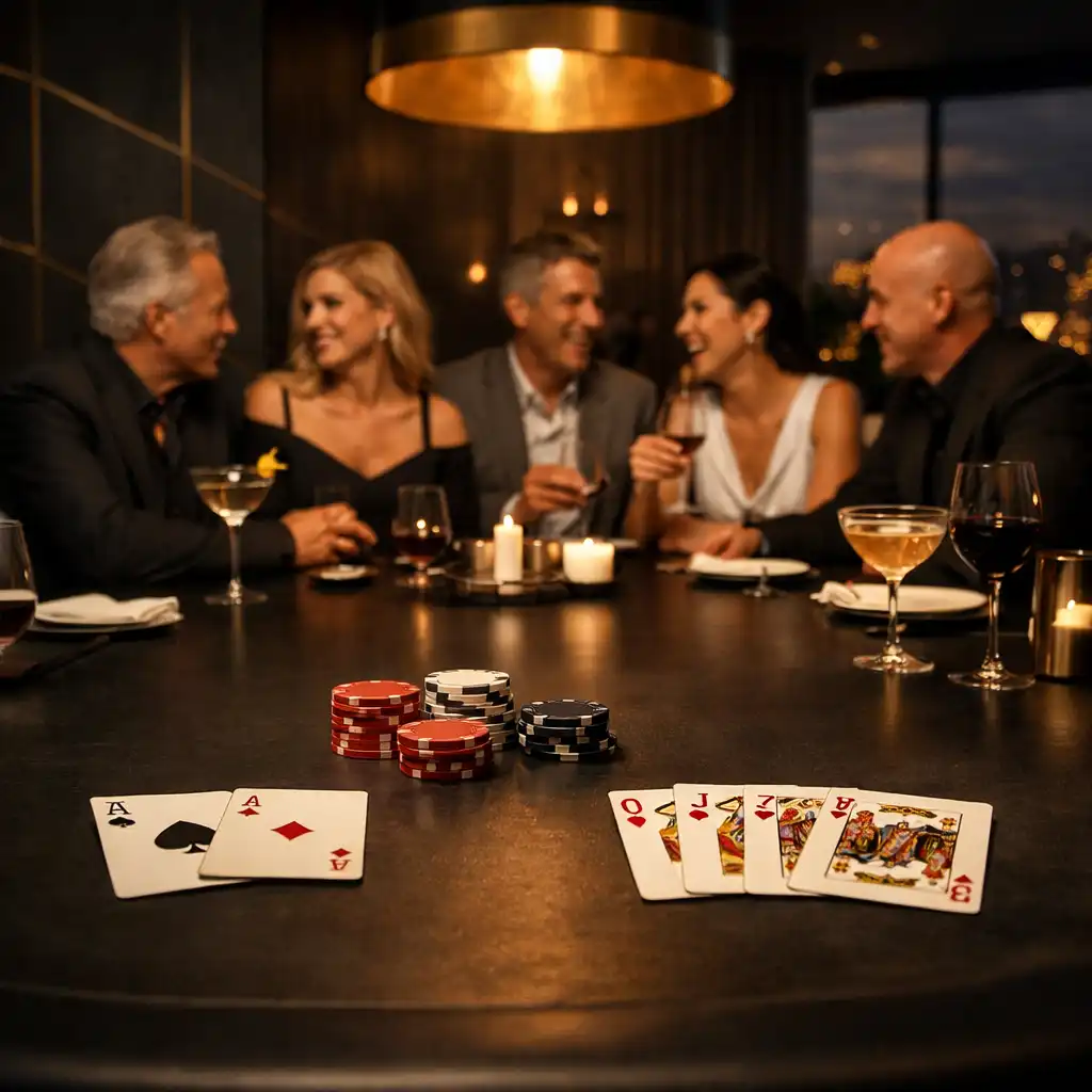 Guests in conversation around a warmly lit dark table with cards and cocktails.