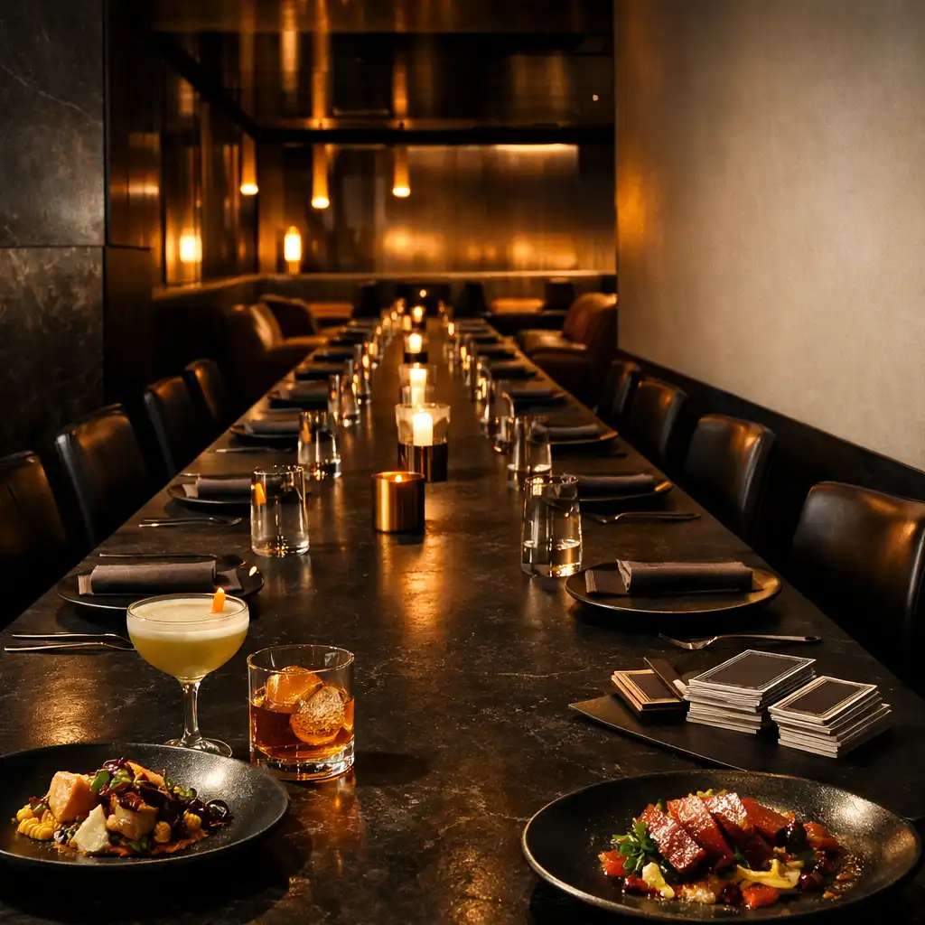Private dinner table with food, cocktails and tactile cards at its far end
