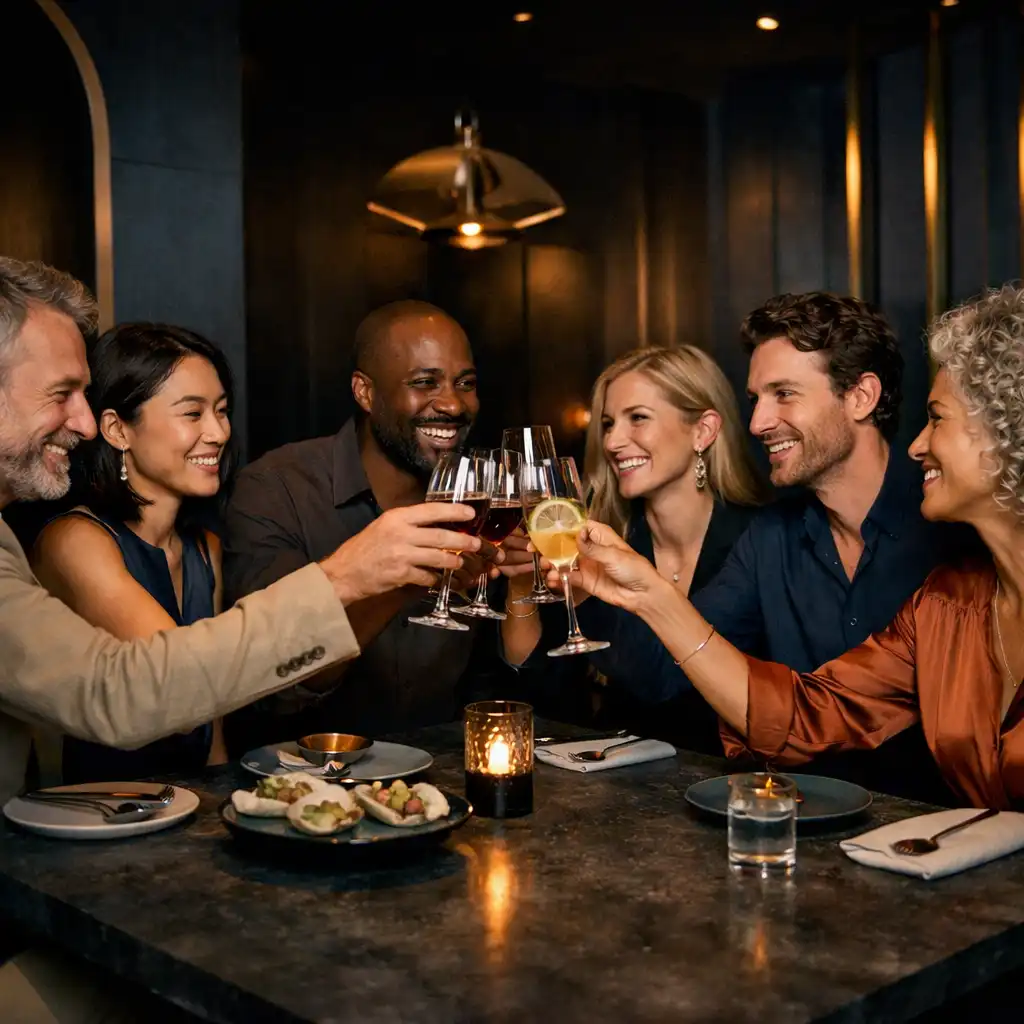 Sophisticated group sharing a toast beside a dark stone dining table