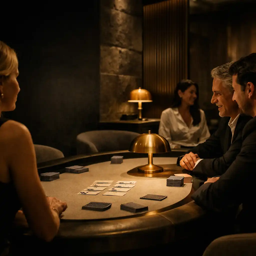 Warmly lit physical card table with guests in calm conversation