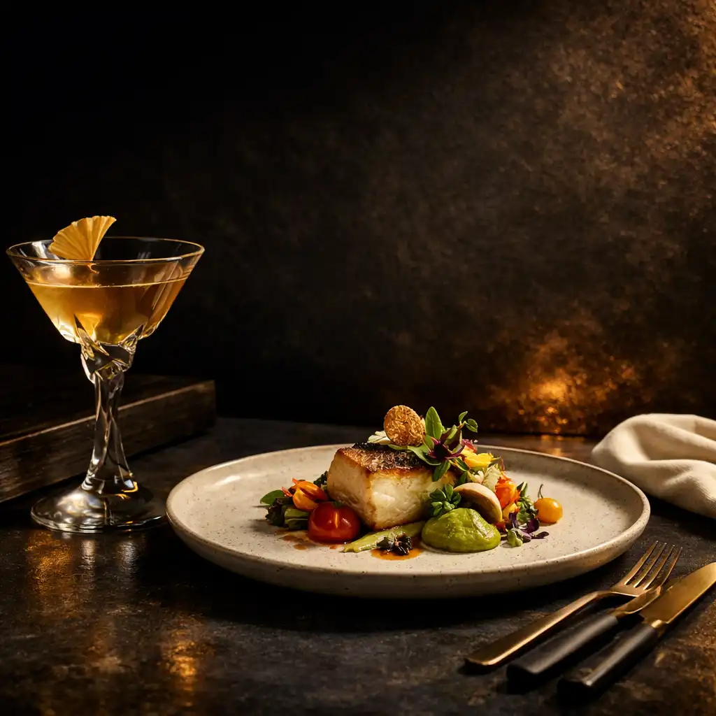 Plated dish and sculptural cocktail on a dark stone table