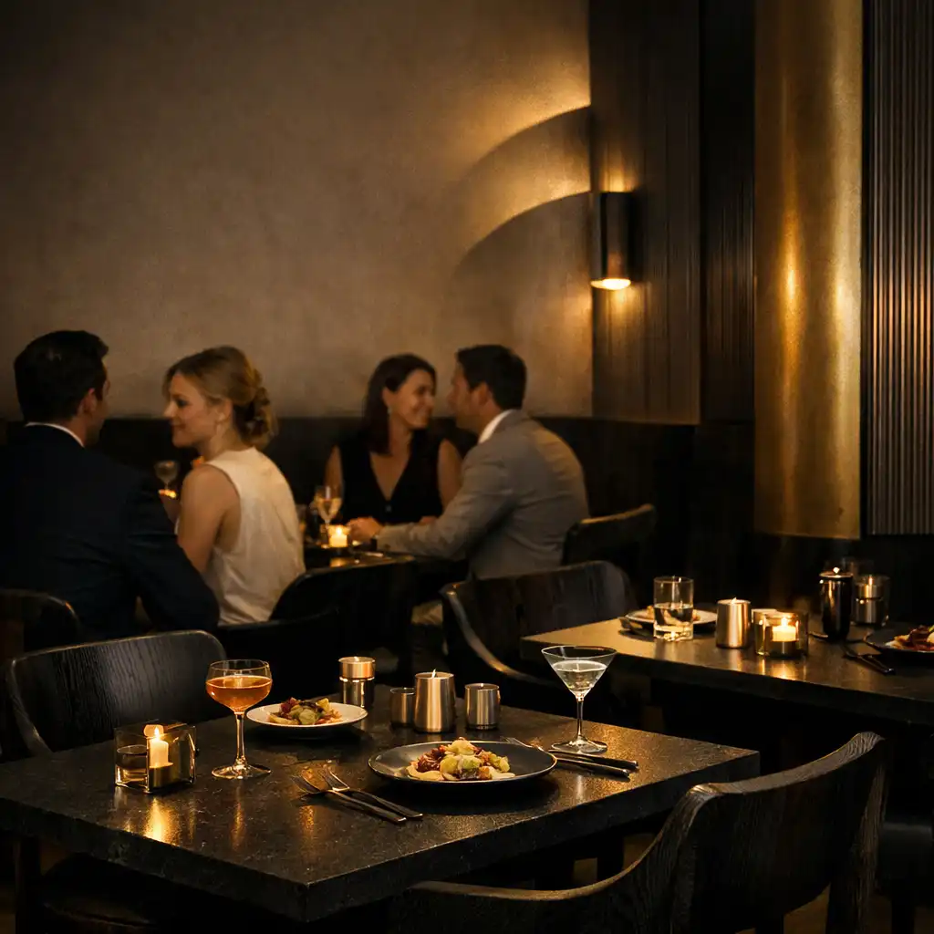 Warmly lit dining room at Gilded Card House with dark stone tables and guests in conversation
