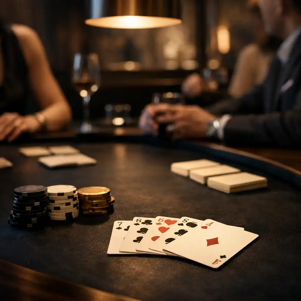 Warmly illuminated physical card table in a dark timber and stone lounge with guests in conversation