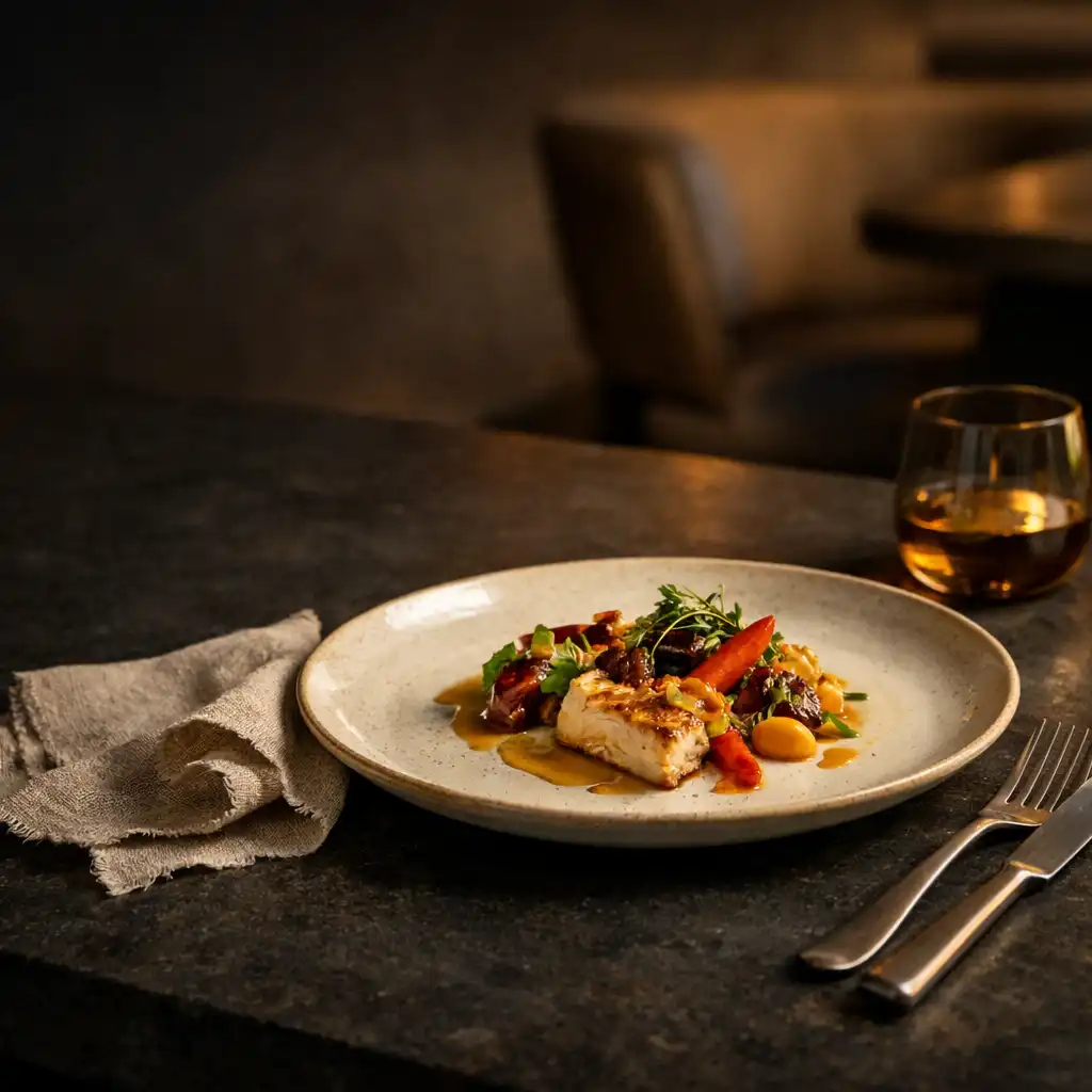 Refined contemporary Australian plate on a dark stone table with ivory linen and brushed metal cutlery