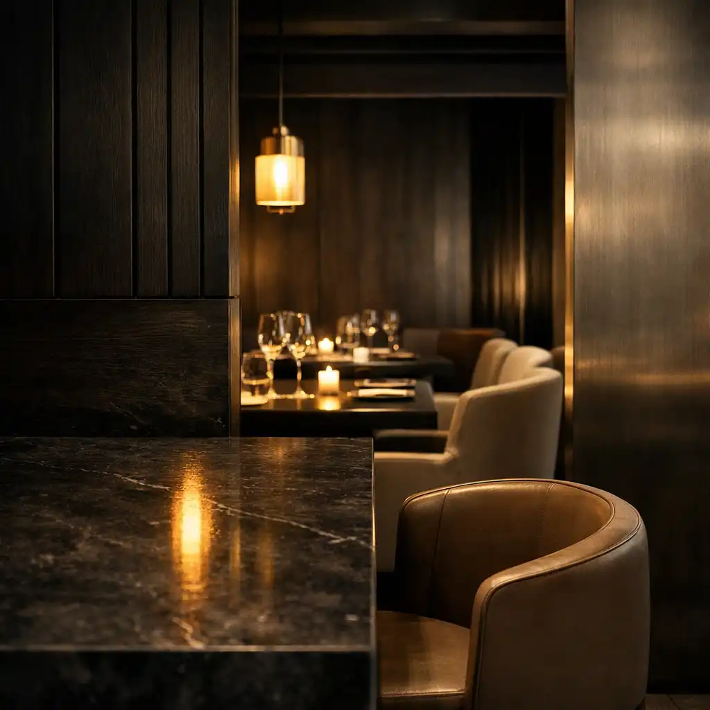 Dark stone interior detail with sculptural seating, brushed metal and a warm table light